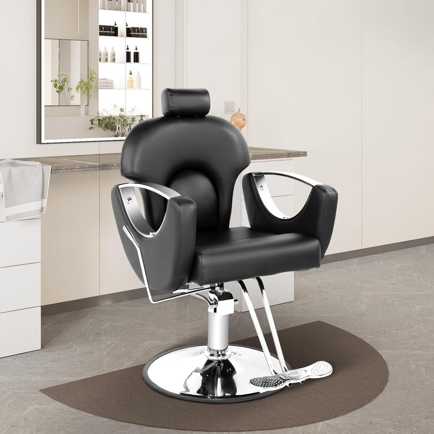 Skiennix Reclining Salon Chair - Heavy Duty Barber Chair with Adjustable Headrest | 360° Swivel, Black Silver, 440Lbs Capacity