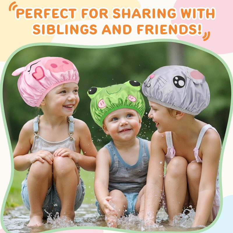 kilofly 3pc Fun Cute Animal Shower Caps for Kids Reusable Waterproof Bath Hat Set