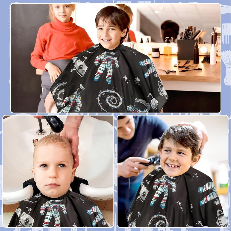 FEBSNOW Kids Hair Cutting Cape,Professional Kids Barber Cape and Neck Duster Brush Cartoon Hairdresser Apron with Adjustable Closure for Children Salon Barber Supplies(Astronaut Space Travel)