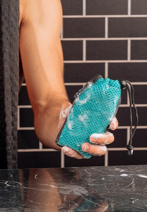 Ballsy Sud Sack Soap Pouch, Exfoliating Sponge for Baths and Showers - Compatible with Related Bars, Blue