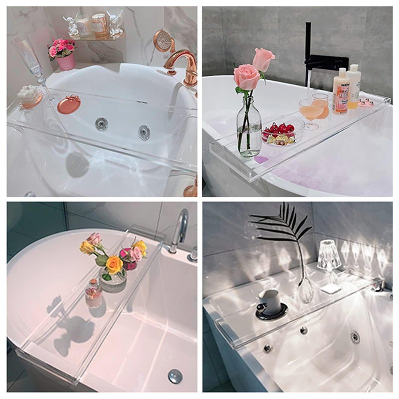 Bathtub Tray Table, Clear Acrylic, Anti-Slip Bath Caddy (Clear+ Soap Dish, L32.3 x W7.87 x H1.18)