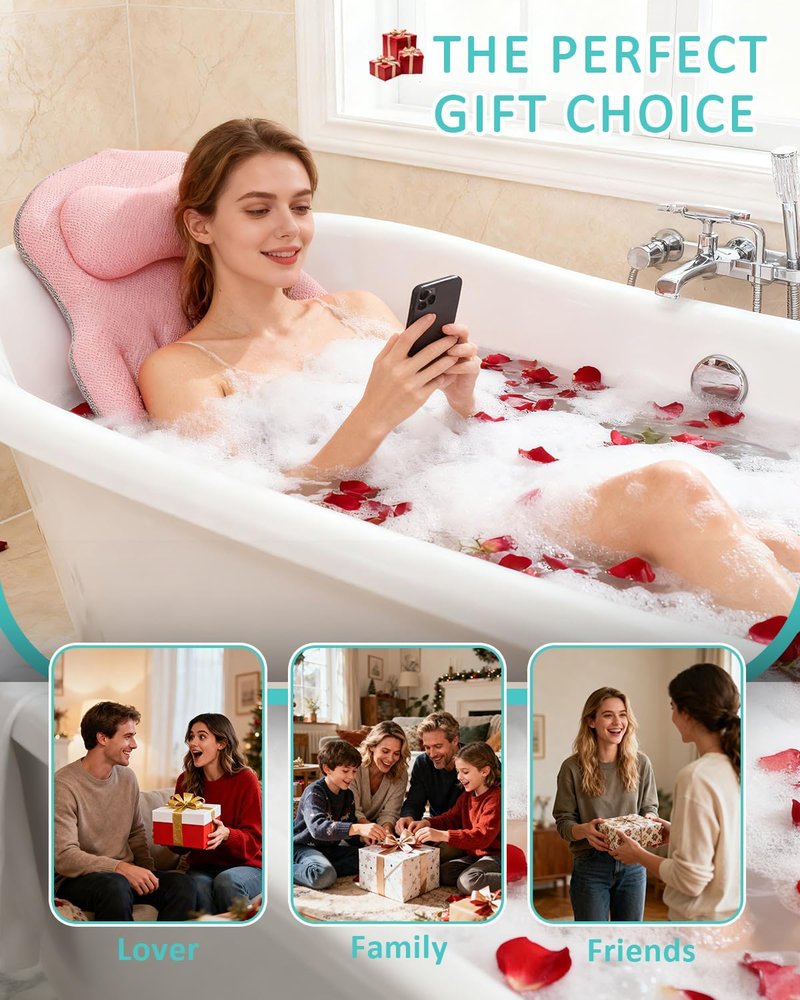 Full Body Bath Pillow for Bathtub, 5D Thick Tub Pillow for Bathtub with 192 Non-Slip Suction Cups, Laundry Bag & Hook, Bathtub Pillow for Head, Neck & Back Support (Pink, 51"*15")