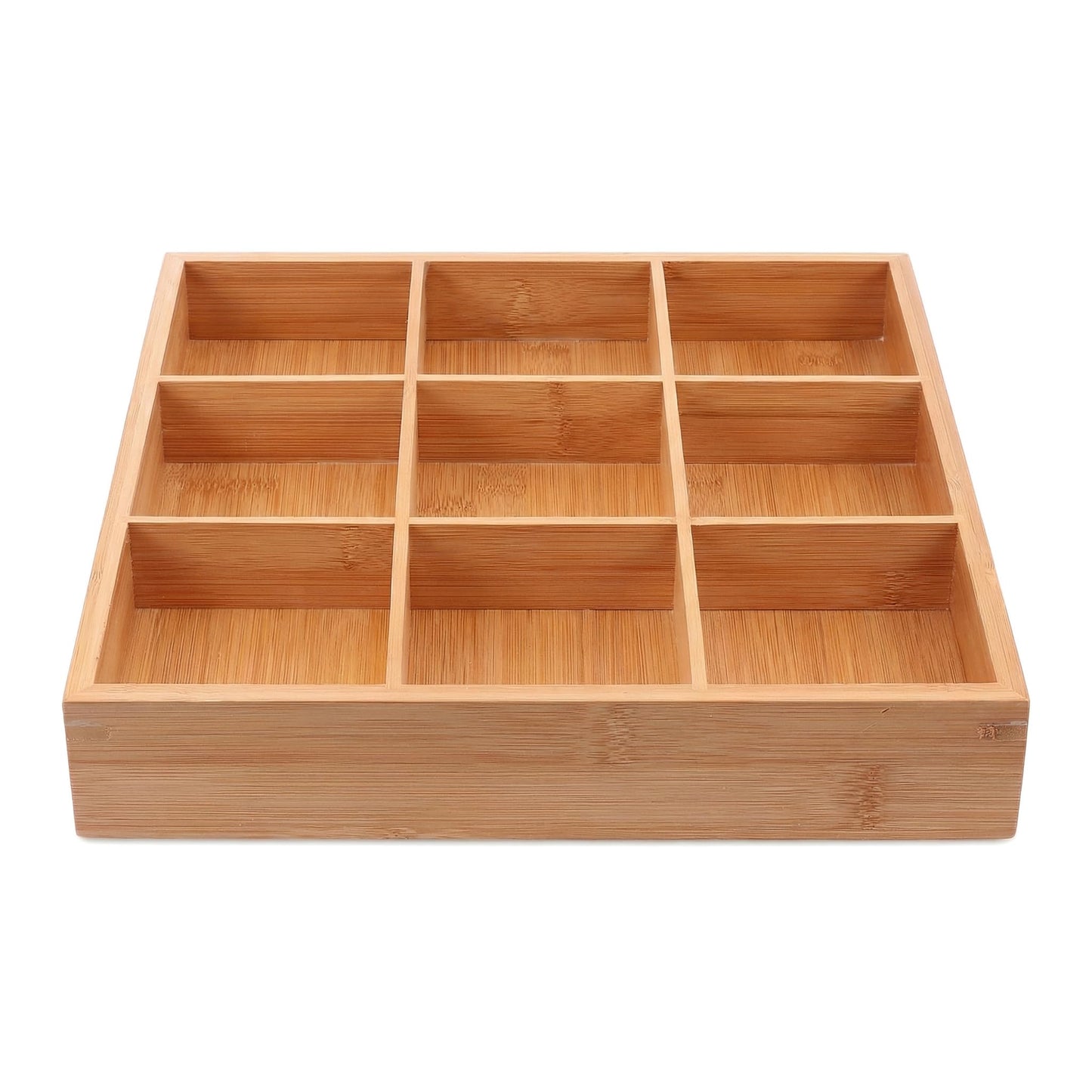 Cabilock 9-Compartments Wooden Divided Tray, Square Bamboo Serving Party Platter for Dry Fruits Snacks Candy and Dips, Space-Saving Shallow Drawer Organizer -13.2 x1.57 inch