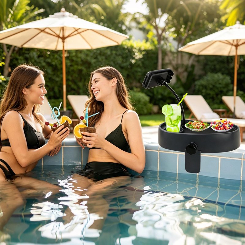 Hot Tub Table Tray with Adjustable Phone Holder, Nonslip Bathtub Table Tray, Between 2.4-7.4" Hot Tub Accessories for Adults with 2 Cup Holders, Clip-on Pool Side Table for Above Ground Bathtub (Gray)