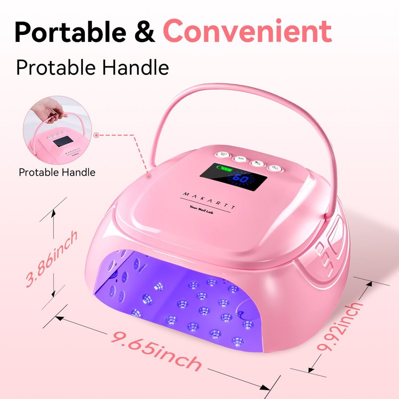 Makartt UV Nail Lamp – 30W Fast Curing UV Light with Handle Rechargeable Cordless Nail Dryer for Gel Nail Polish with 45 Beads Dual Lights 4 Timers LCD Smart Sensor for Nail Art Design(Pink)
