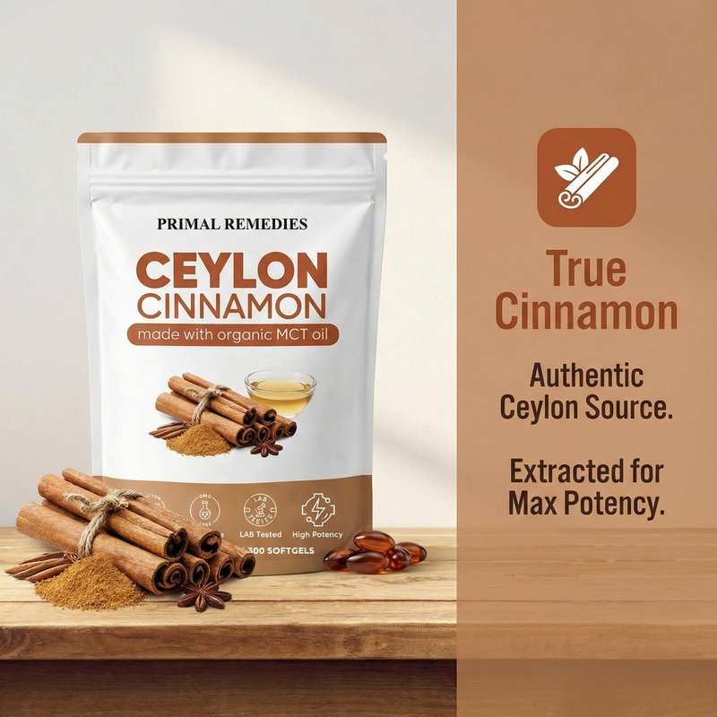 Primal Remedies Ceylon Cinnamon - 300 Softgels with MCT Oil, Highly Bioavailable, Non-GMO, Gluten Free, Vegan Capsules for Metabolism Support