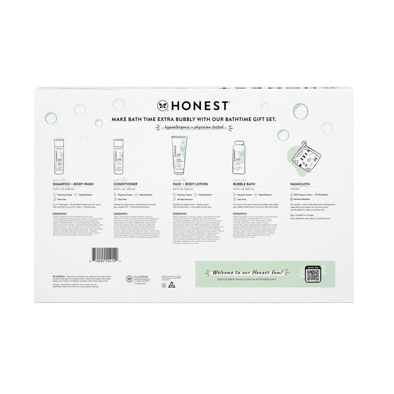 The Honest Company Fragrance-Free Bathtime Gift Set, Hypoallergenic, Bath Essentials for Sensitive Skin, Shampoo and Body Wash, Face Lotion, Bubble Bath, Conditioner, Wash Cloth