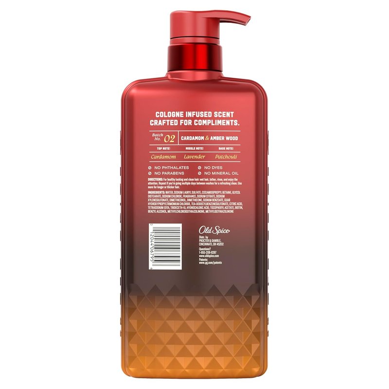 Old Spice Men's Shampoo - Cologne-Infused Cardamom & Amber Wood Scent | Paraben & Phthalate Free, 20 fl oz