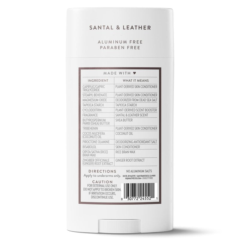 Native Aluminum Free Deodorant, Santal & Leather, Large Size Stick, 72 Hour Odor Control, for Women & Men, Contains Naturally Derived Ingredients, 3.1 oz