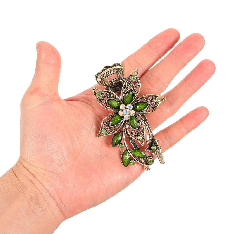 Uonlytech Hair Clip, Green Flower Crystal Hair Clip, Sparkly Glitter Rhinestones Hair Clips French Elegant Hair Barrettes Hair Jewelry for Women Girls