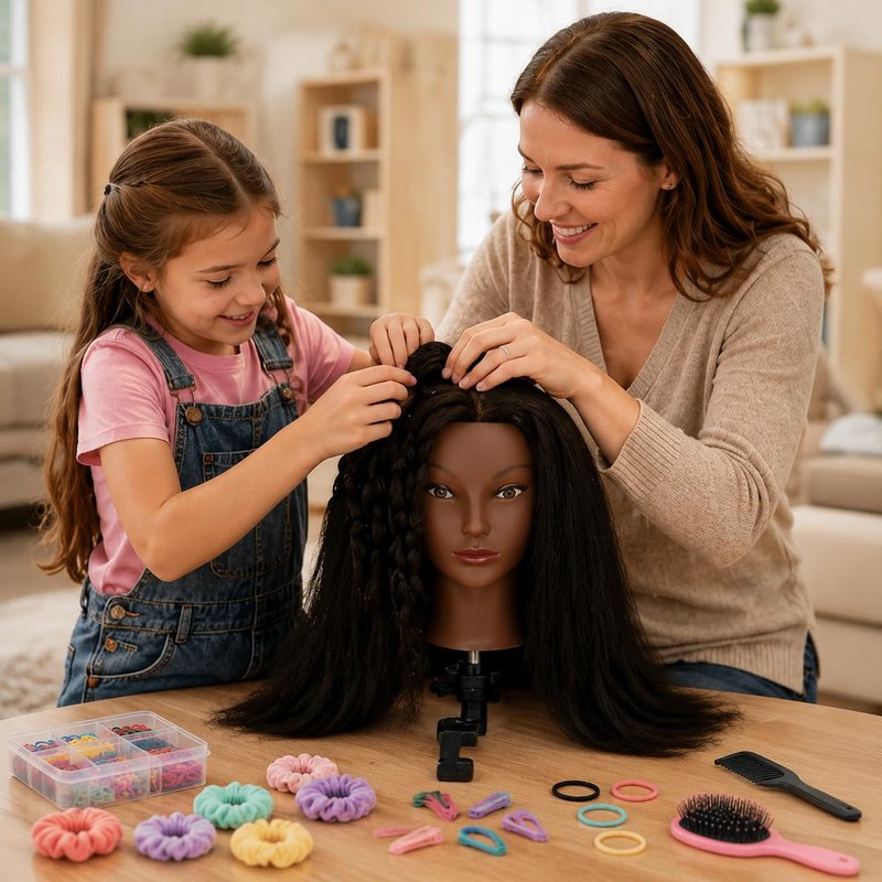 Mannequin Head with Human Hair 16'' Cosmetology Manikin Doll Head with 100% Real Human Hair Mannequin Head for Braiding Hairstylists Cosmetology Students Practice Styling with Free Clamp Holder-Black
