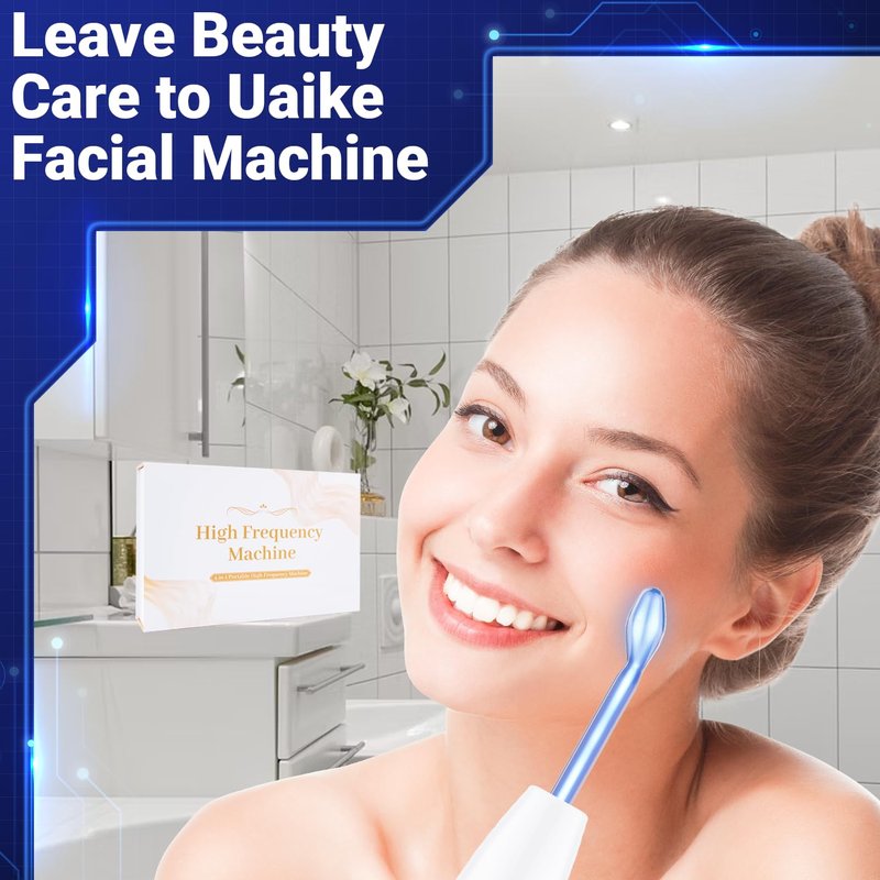 Uaike High Frequency Facial Wand - Portable Handheld Skin Treatment Device with 4 Blue Glass Tubes