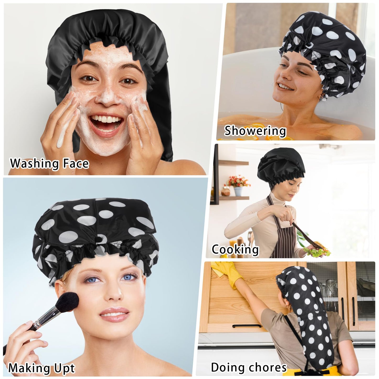 2 Pcs Large Shower Cap for Braids, Extra Long Shower Cap for Women Long Hair & Locs, Waterproof Hair Bonnets for Dreadlocks Drawstring Bath Caps for Women & Men (Polka Dots, Black)