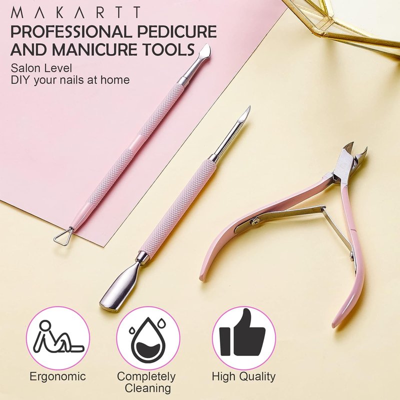 Makartt Cuticle Trimmer Set - Professional 3 PCS Pink Nail Tools with Stainless Steel Dual End Pusher | Manicure & Pedicure Essentials