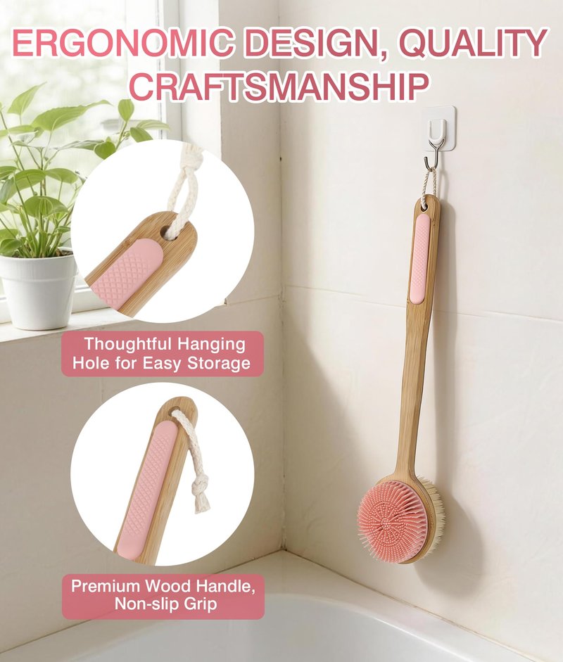 EaTubano Back Scrubber for Shower - Double-Sided Silicone and Super-Dense Bristles for Deep Cleaning & Exfoliation, Bamboo Long Handle with Wider Anti-Slip Grip, Rich Foam, Durable (Pink)