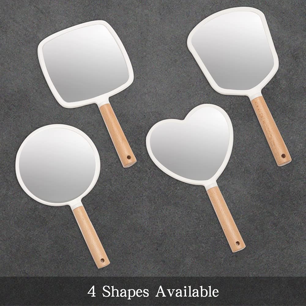YEAKE Hand Held Mirror with Handle for Makeup,Small Cute Wood Hand Mirror for Shaving with Hole Hanging Single-Sided Portable Travel Vanity Mirror for Men&Women(Heart)