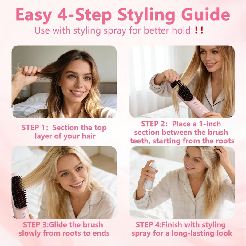 Go Brush Pro for Short Hair - 2026 Upgraded Cordless hair Straightening Brush, 4 Temperature Settings, Fast Heat, MCH Ceramic Care, 4000mAh Rechargeable Straightener for Frizz-Free Styling (pink)