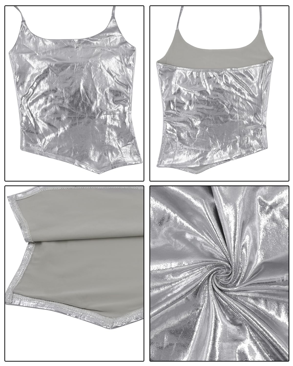 Women's Shiny Silver Halter Crop Tops Sexy Y2K Camisole Vest Irregular Backless Tank Tops T-Shirt Party Streetwear