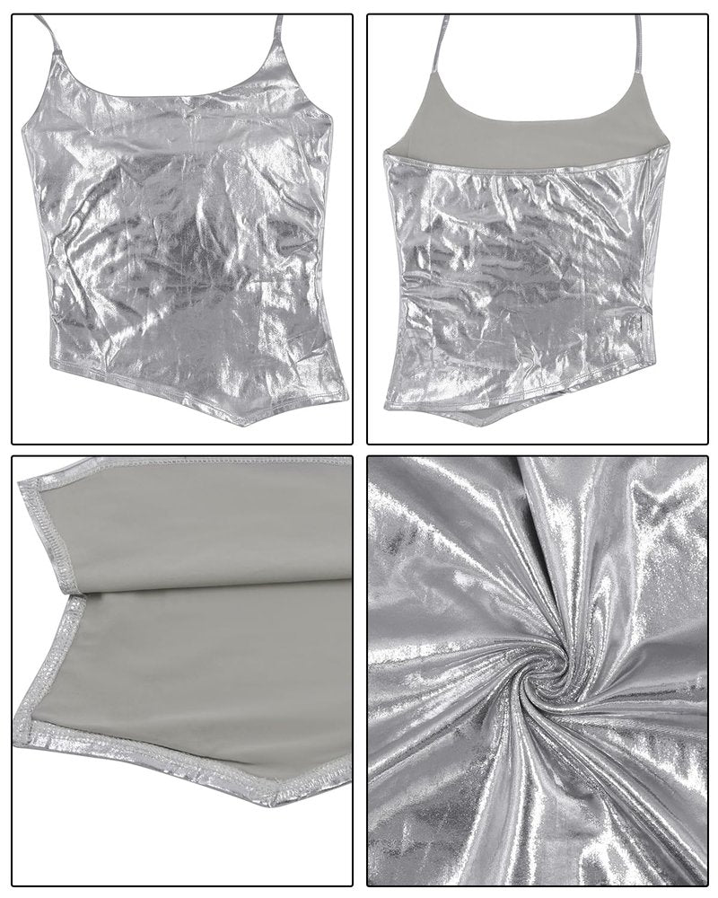 Women's Shiny Silver Halter Crop Tops Sexy Y2K Camisole Vest Irregular Backless Tank Tops T-Shirt Party Streetwear