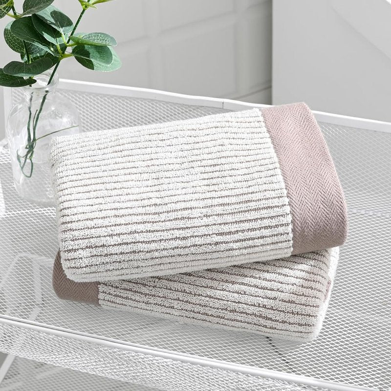 sense gnosis Beige Ribbed Striped Hand Towels Soft Absorbent Face Towels 100% Cotton Decorative Coffee Border Hand Towels for Bathroom Hotel Shower,Set of 2