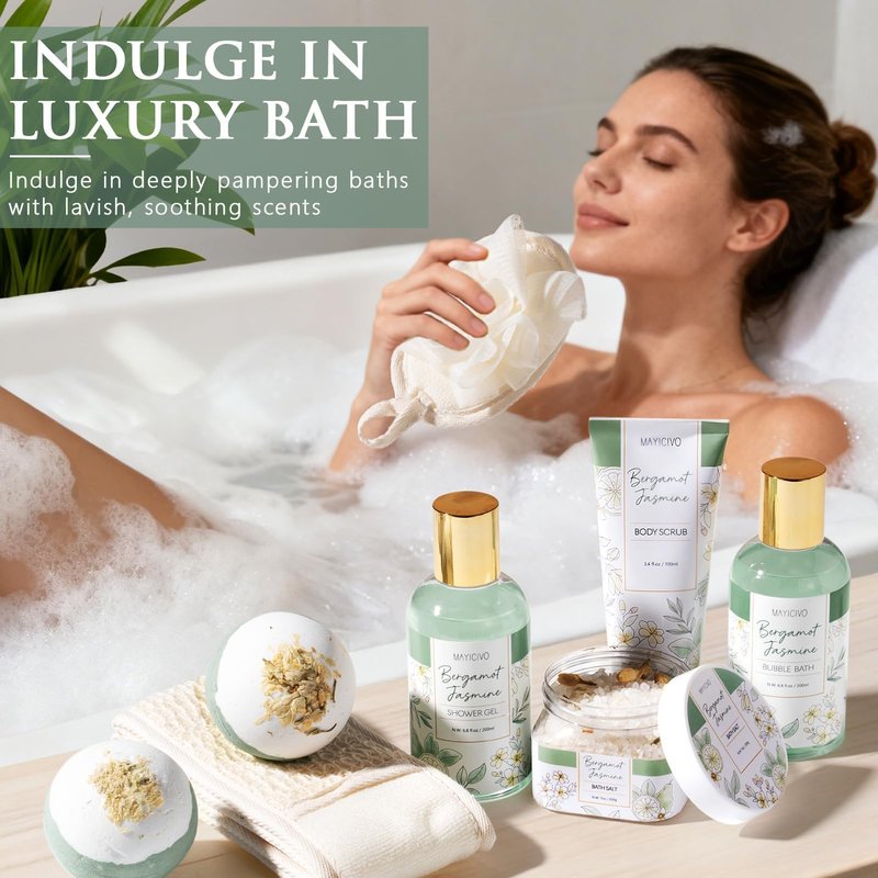 Mothers Day Birthday Gifts for Women, Bergamot Jasmine Relaxing Spa Gift Baskets for Women Self Care Package Bath Gift Set, Home Bath and Body Kit Pampering Gifts for Womens Her Mom Friend Sister Wife