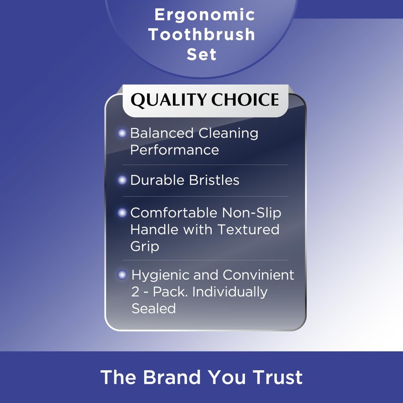 Quality Choice Medium Bristle Toothbrushes 2 Pack. Ergonomic Comfort Grip Handles, Compact Head Design for Hard to Reach Areas, Gentle Yet Effective Oral Care and Plaque Removal for Adults and Teens