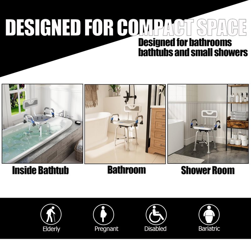 360° Swivel Shower Chair for Elderly and Disabled 400lbs Heavy Duty Bathing Transfer Stool with Armrests & Backrest Adjustable Height Bath Chair for Inside Shower Standard Bathrooms & Bathtubs Gray