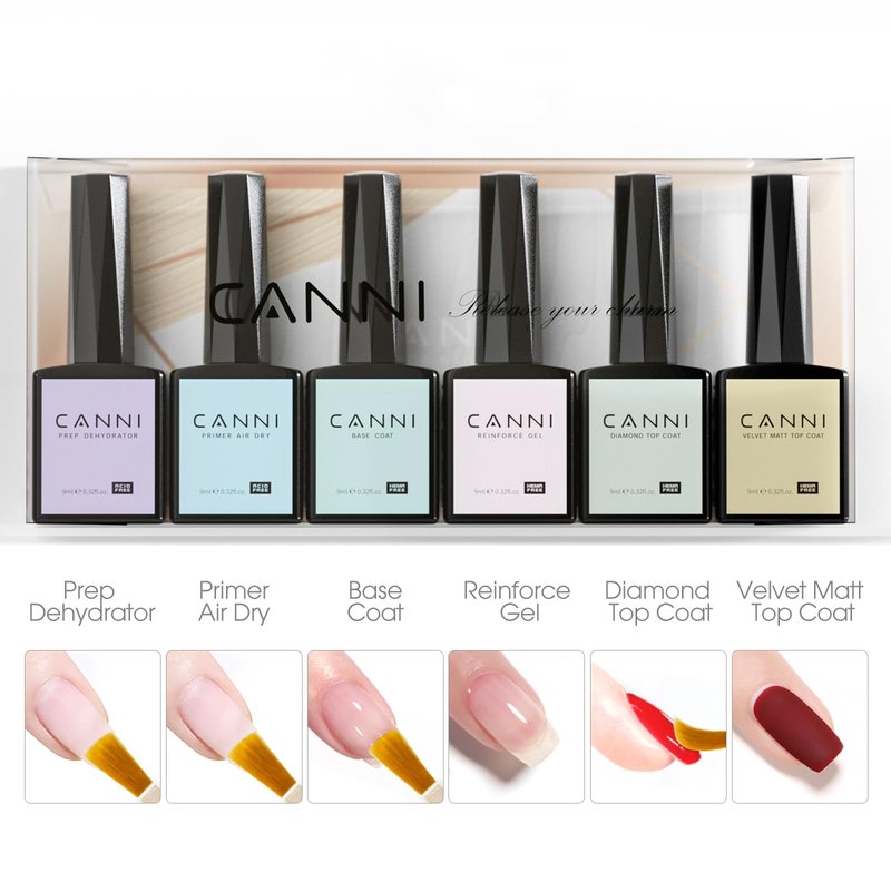 CANNI 6Pcs 9ml Hema-Free Nail Dehydrator Primer, Base Coat Reinforce Diamond Gel Top Coat and Matte Top Coat Gel Nail Polish Set, Soak Off LED Nail Gel Polish Set Nail Art Starter Manicure Salon