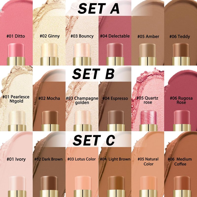 IONSGAKO 6 Colors Cream Contour Stick Makeup Kit, Double-ended Cream Highlighter Stick Bronzer and Blush Stick for Sculpt the Cheeks, Matte & Dewy Finish, Face Contour Kit for Beginners, Set A