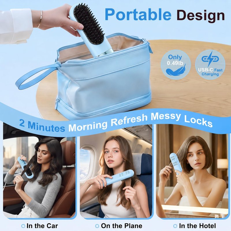 Cordless Hair Straightener Brush with Cool Air, 5-in-1 Portable Ionic Frizz-Free Straightening Brush, Rechargeable Touch Up On-the-Go Brush, MCH Fast Heating, LED Display, Anti-Scald for Women Travel
