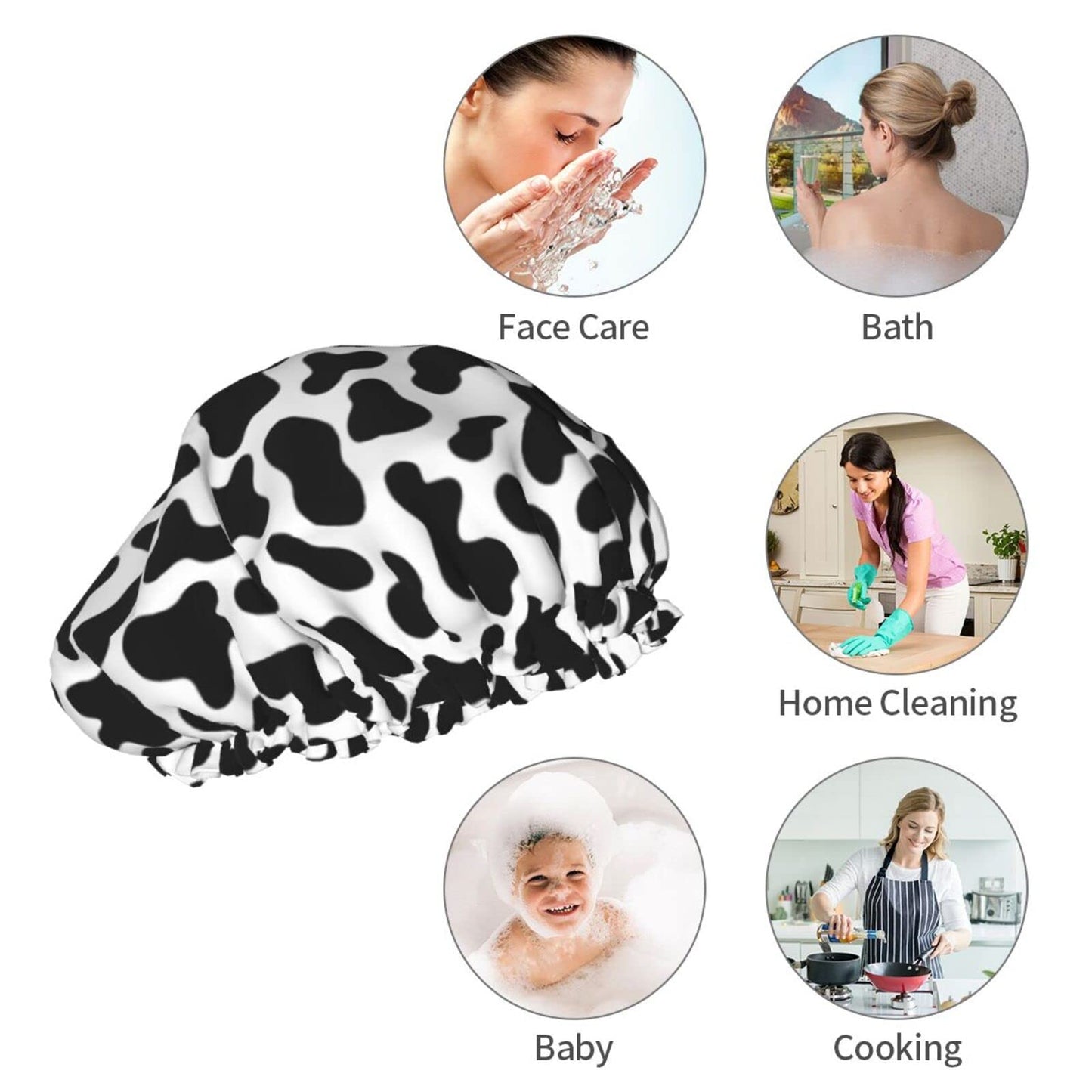 Black And White Cow Skin Abstract Animal Farm Shower Cap For Women Adjustable Double Waterproof Layers Bathing Bath Cap Hair Protection Reusable Ladies Spa Salon Shower Hat