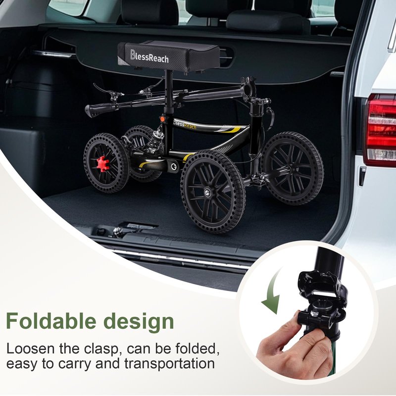 Knee Scooter, 350lbs Capacity, 13" Big PU Seat, Disc Brake Knee Walker, All Terrain Foldable Knee Scooter Walker with Bag for Foot Injuries Compact Crutches Alternative (Black)