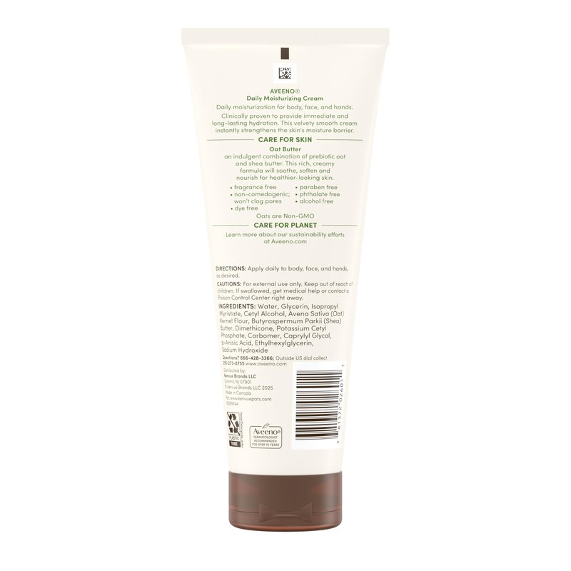 Aveeno Daily Moisturizing Cream with Prebiotic Oat & Shea Butter, Body, Face & Hand Cream for Normal to Dry, Sensitive Skin Hydrates for 48 Hours, Fragrance Free & Non-Comedogenic, 7.5 oz