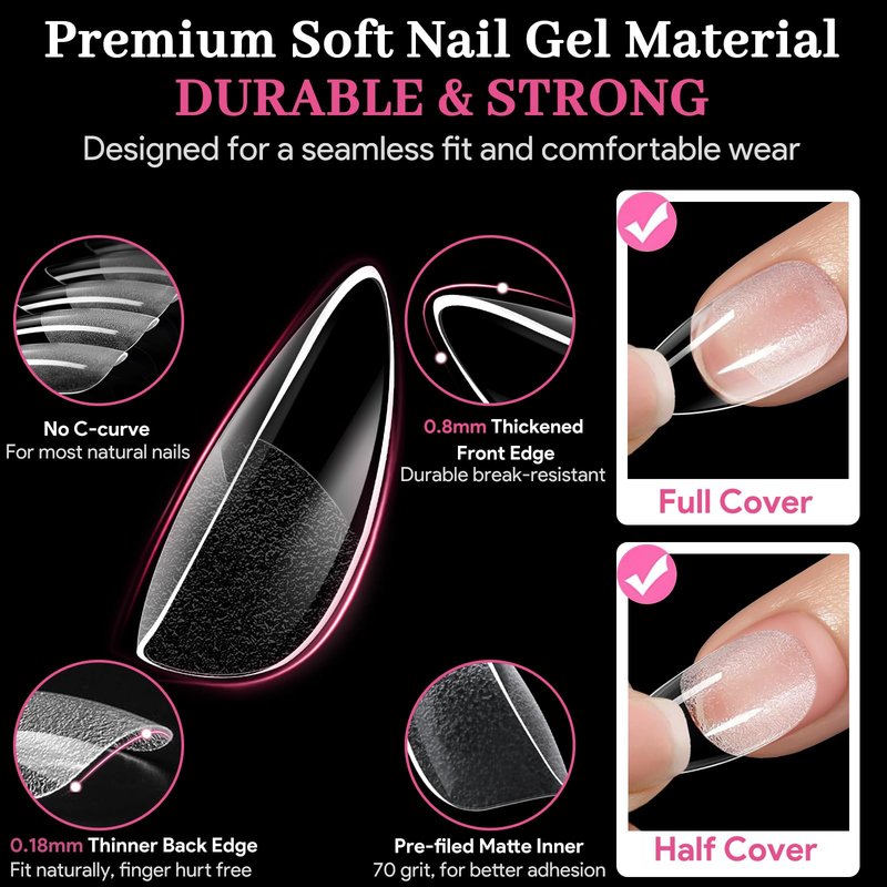 Qiek Medium Almond Fake Nail Tips, 15 Sizes 240 PCS Clear Half Matte Press On False Nail Tips Pre-shaped Full Cover Gel Nail Acrylic Soft Tips Extensions Thick Long Lasting for Home DIY Nail Salon