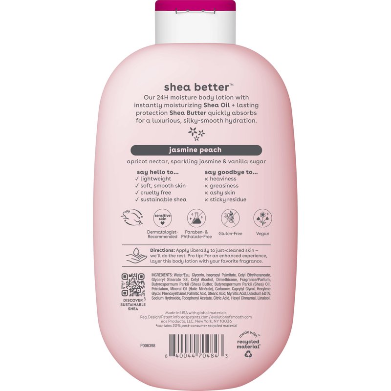 eos Shea Better Body Lotion Jasmine Peach, 24-Hour Moisture Skin Care, Lightweight & Non-Greasy, Natural Shea, Vegan, 16 fl oz
