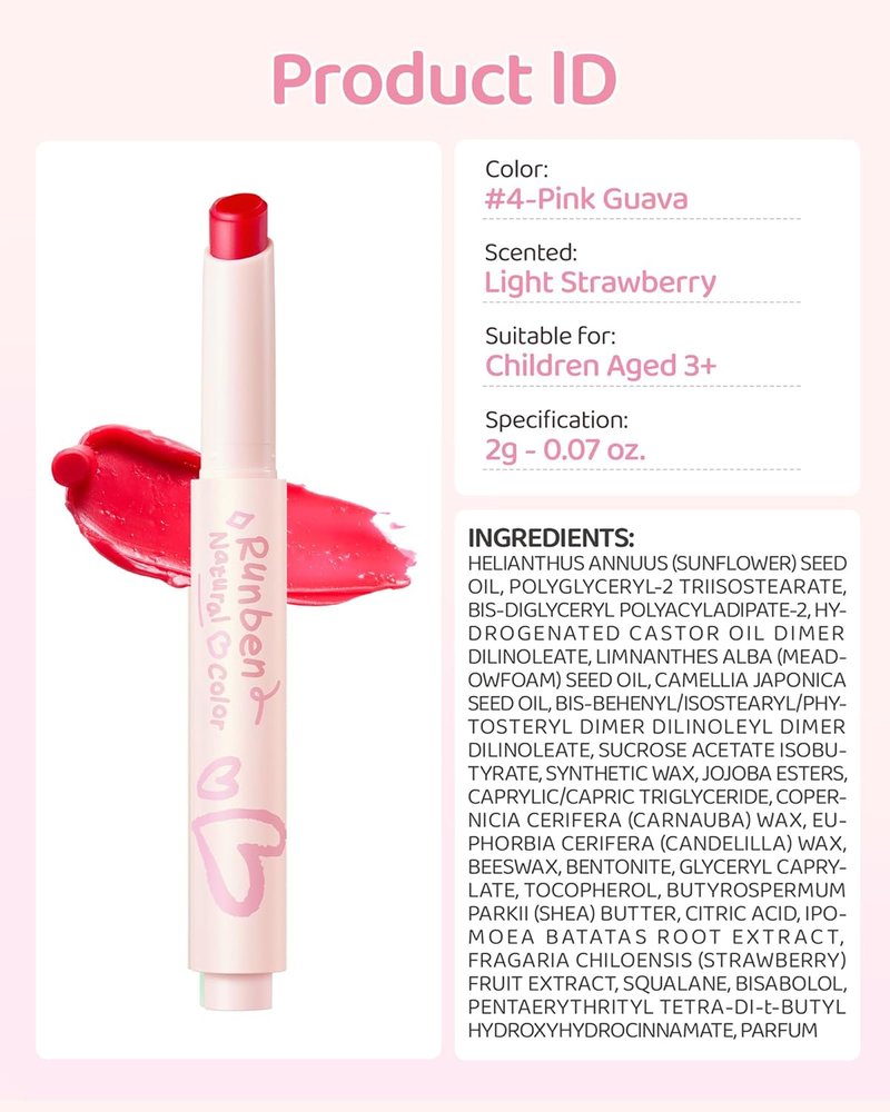 RUNBEN Kids Tinted Lip Balm, Pink Guava Lips Gloss, 24H Moisturizing, Safe & Non-toxic Lipstick for Kids & Teen, Birthday Makeup Gift for Girls