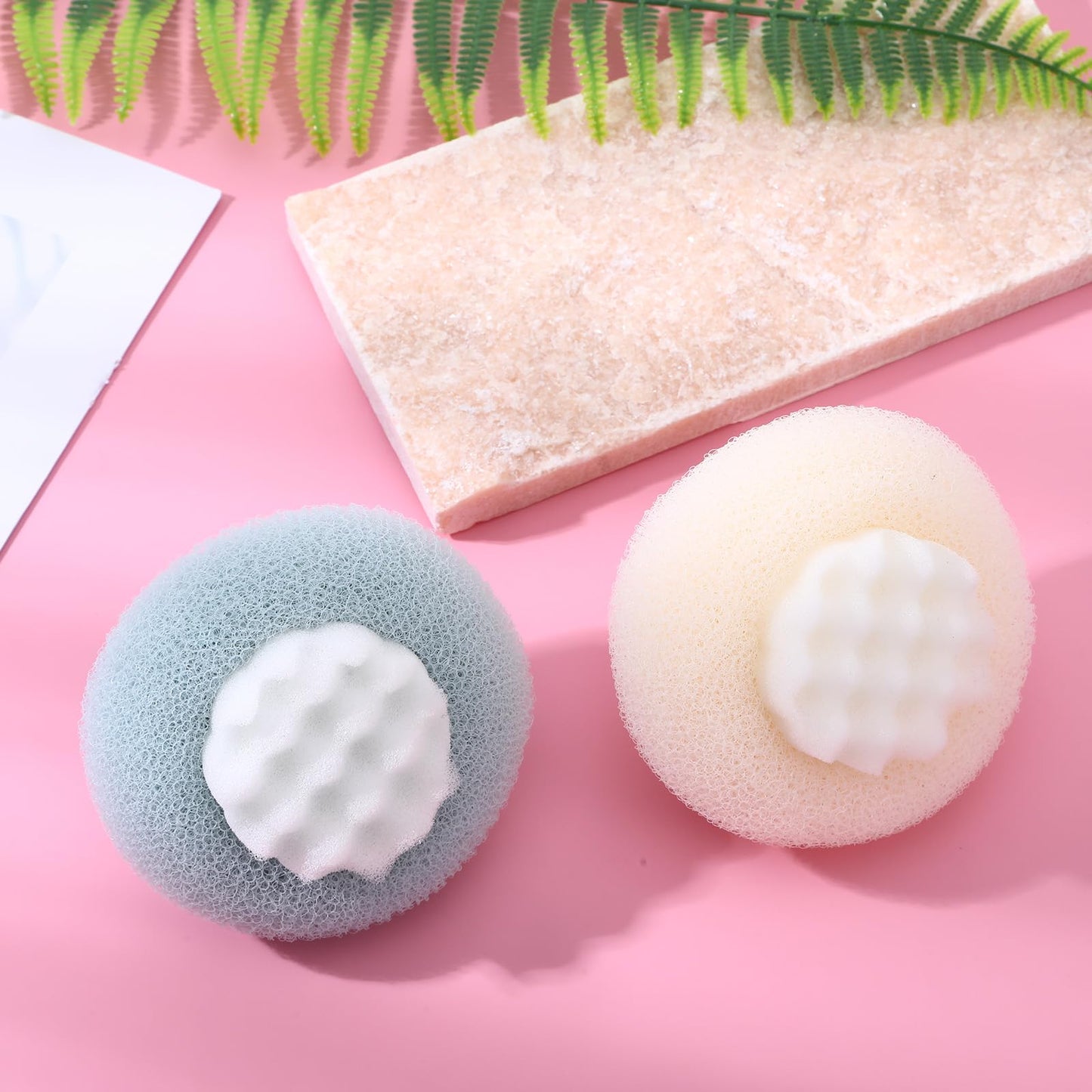 Super Soft Sunflower Suction Cup Bath Ball, 2 in 1 Exfoliating Bath Sponge, Loofah with Suction Cup, Body Sponges for Shower, Bathing Sponges for Women (Blue + Beige)