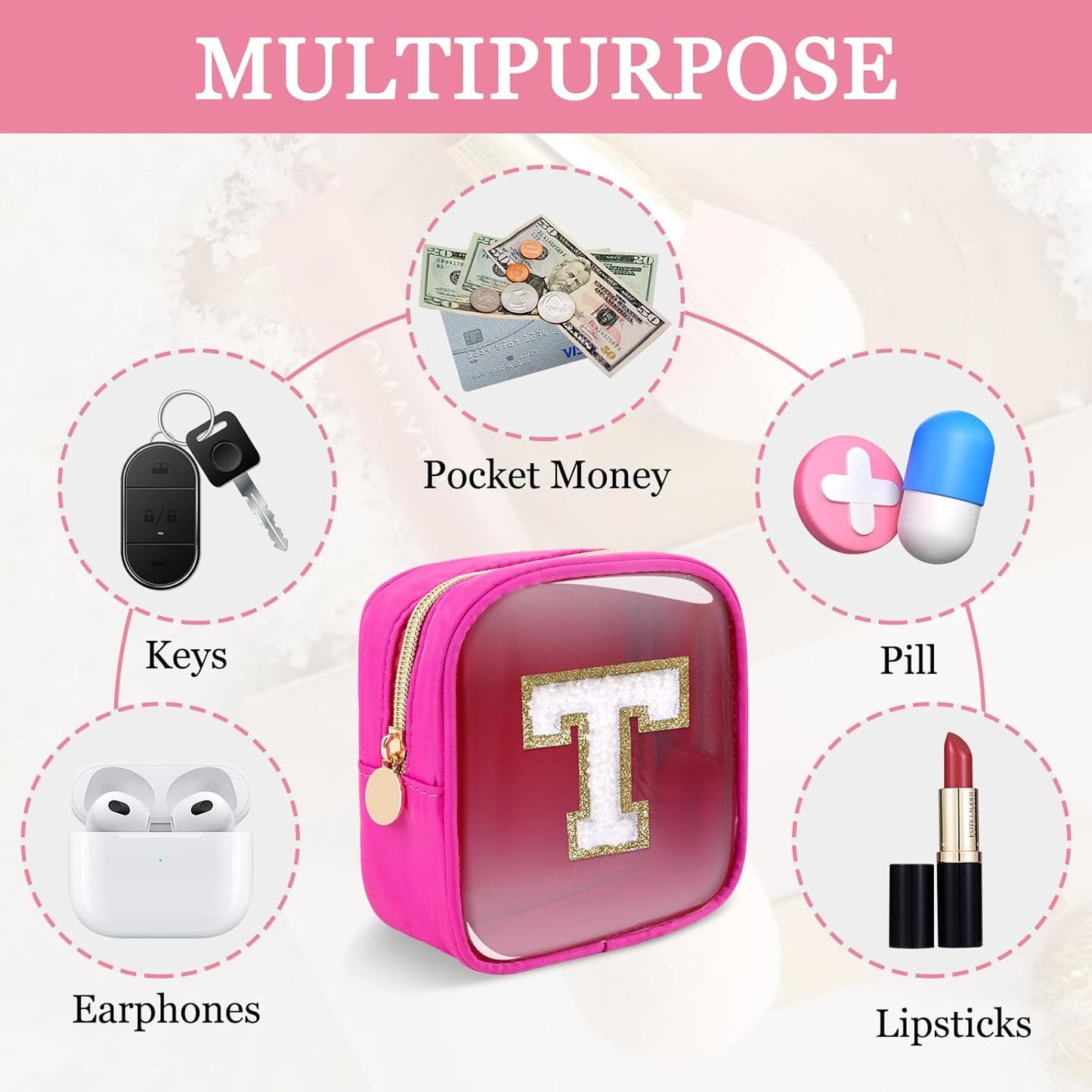 Skiennix Mini Clear Makeup Bag - Personalized Initials | Waterproof Nylon Travel Pouch (Hot Pink-White)