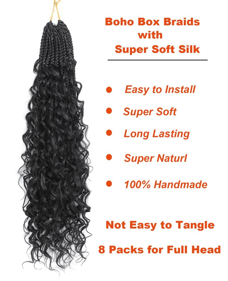 Pintress Goddess Box Braids Crochet Hair 18 Inch 8 Packs Boho Crochet Braids with Curly Ends Pre-looped Synthetic Hair Extensions 3X Crochet Braids Hair for Women (18inch,1B#)