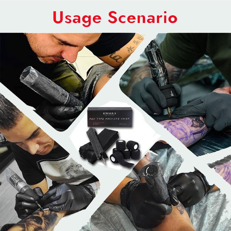 Sotica 200PCS Pen Covers with 6PCS Grip Tape - Machine Wrap Cover Black Pen Bags Sleeves Machine Covers with Black Grip Wrap Self-Adherent Tape Plastic Cover