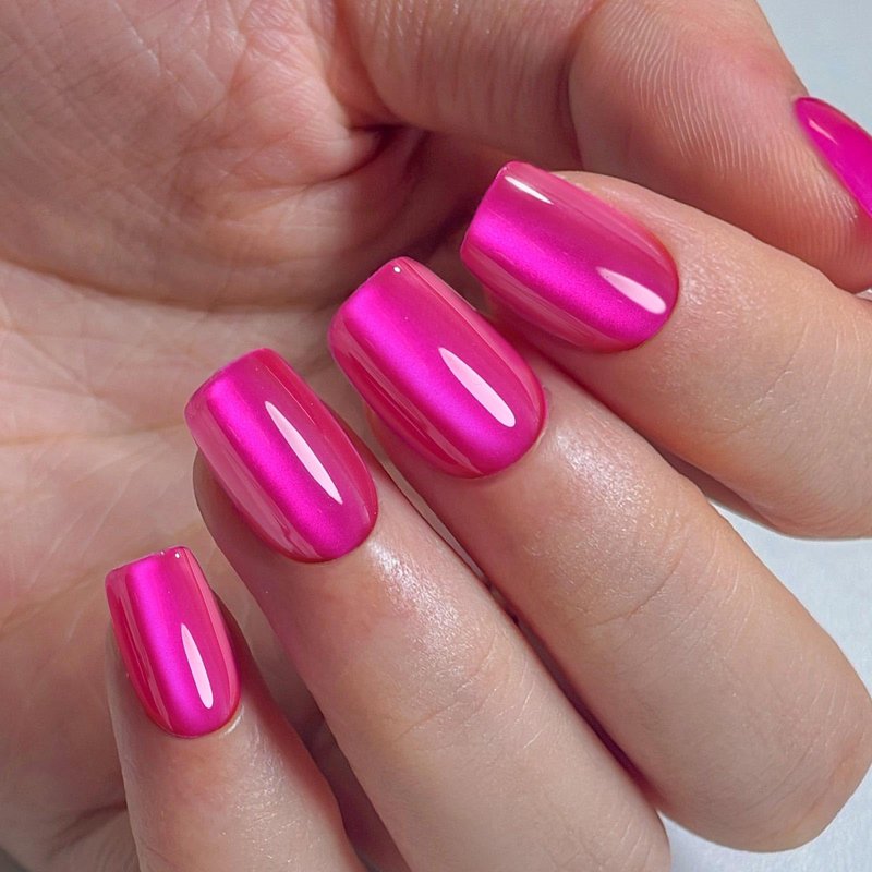 Hot Pink Press on Nails Short - SHANGMENG Soft Gel Cat Eye Press on Nails Square for Women, Naturally & Full Cover Reusable Glue on Nails in 16 Sizes - 32 Fake Nails Kit with Glue, Hot Pink