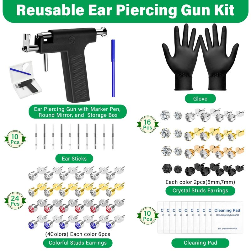 Reusable Ear Piercing Gun Kit, Professional Ear Piercing Machine with Stainless Steel Piercing Earrings Studs, Crystal Earrings for At Home Salon Earlobe Cartilage Helix Tragus Piercing Tool Set