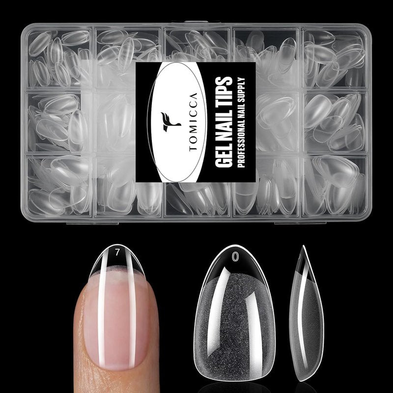 TOMICCA Short Almond Nail Tips - Pre-Shaped Half Matte Clear Full Cover Extensions | 240PCS in 15 Sizes