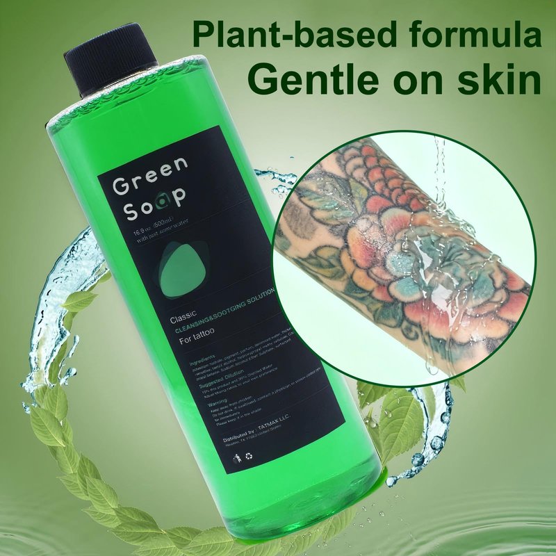 16.9oz Green Soap Tattoo Kit, Urknall Ultra Concentrated 16.9oz Green Soap with 8oz Squeeze Bottle for Tattooing & Piercing Care, Gentle Vegan Formula for Professional Tattoo Supplies