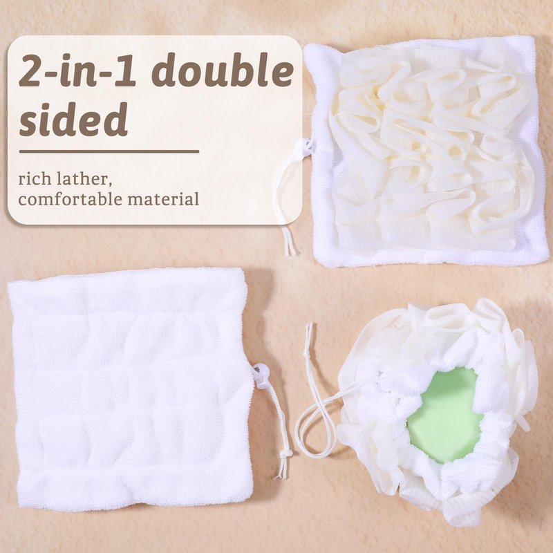 Oqqlin 10 Pack Soap Bar Loofah, 2 in 1 Drawstring Bar Soap Loofah Pouch Exfoliation Mesh Shower Ball for Body Wash and Smooth Skin (Beige, White)