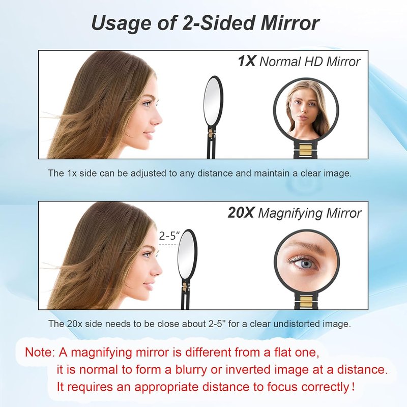 20x Magnifying Travel Mirror - Double-Sided Handheld Makeup Mirror with Foldable Handle | Portable Black Design