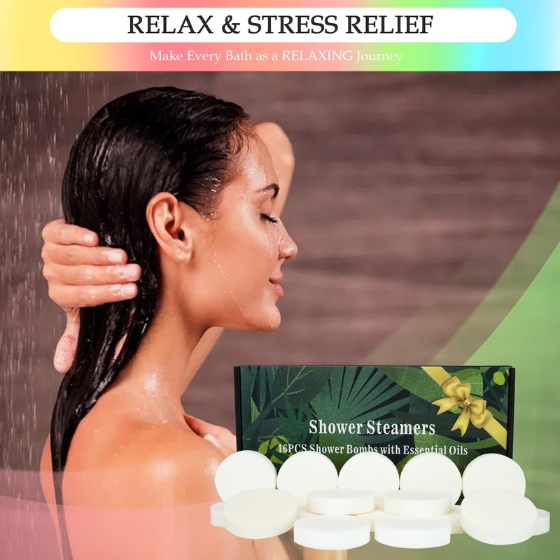 16 Pack Shower Steamers Aromatherapy - Natural Essential Oil Shower Bombs for Relaxation, Stress Relief & Self Care, Gift for Women & Men (8 Scents, 2 Each)
