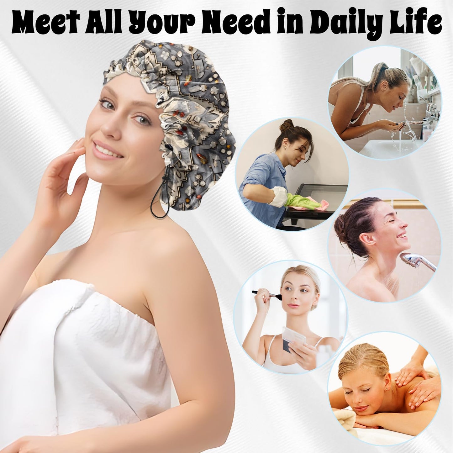 BHAHB Luxury Shower Cap Satin Lined Reusable Waterproof Double Layer Elastic Adjustable Hair Bath Cap Cute Aesthetic Women Girls-Boho