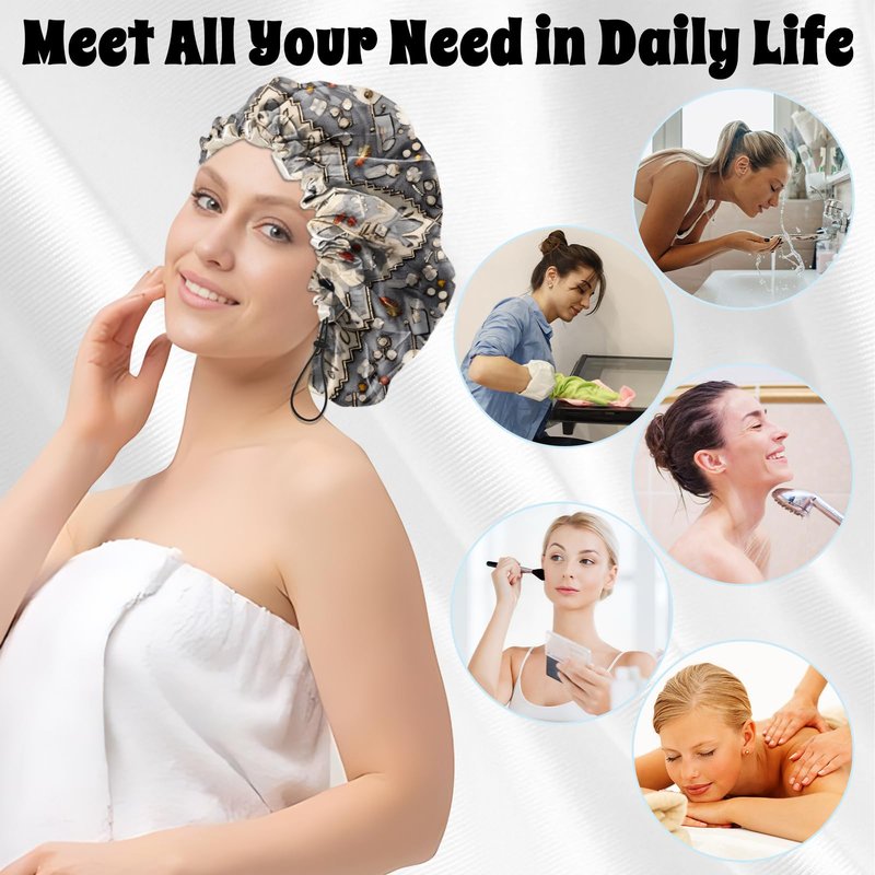 BHAHB Luxury Shower Cap Satin Lined Reusable Waterproof Double Layer Elastic Adjustable Hair Bath Cap Cute Aesthetic Women Girls-Boho