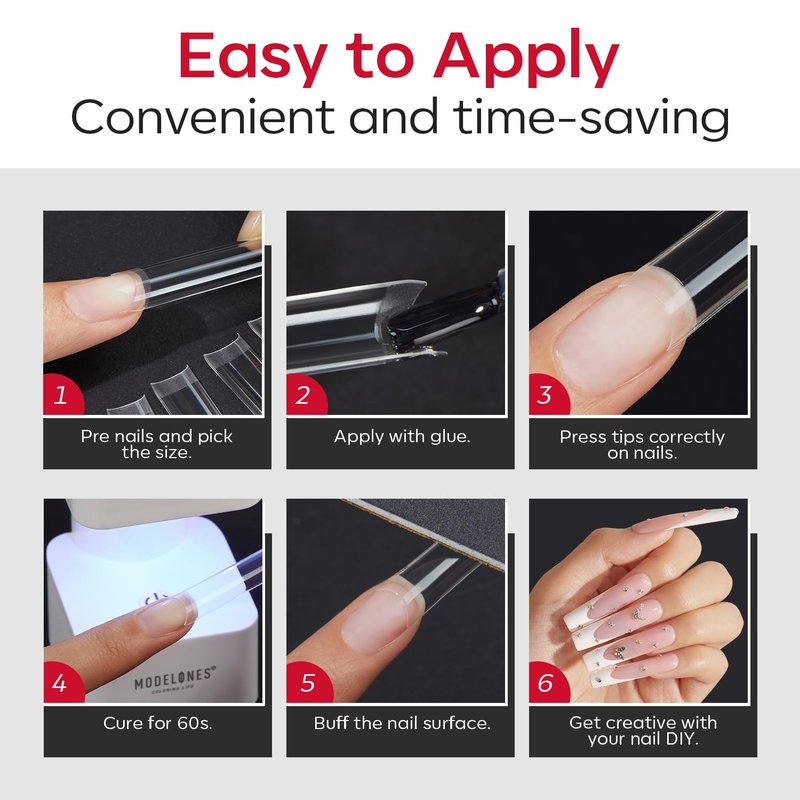 Modelones Long Square Nail Tips - 216PCS Pre-Shaped Acrylic Gel Extensions | 2XXL Size, Clear Finish